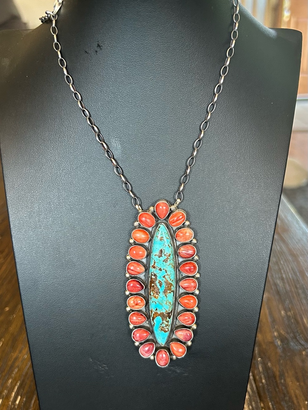 Kingman Turquoise And Coral Native Sterling Silver Pendant Antionette Mart
